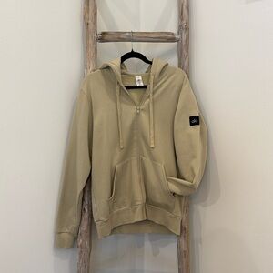 ALO Yoga Beige Zip Hoodie with Hood and Kangaroo Pockets